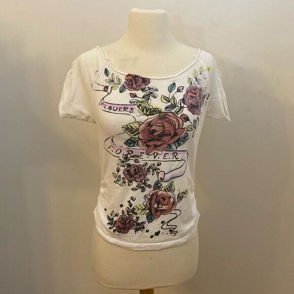 Express‎ Off Shoulder Rose Tattoo Short Sleeve Shirt - Picture 3 of 7